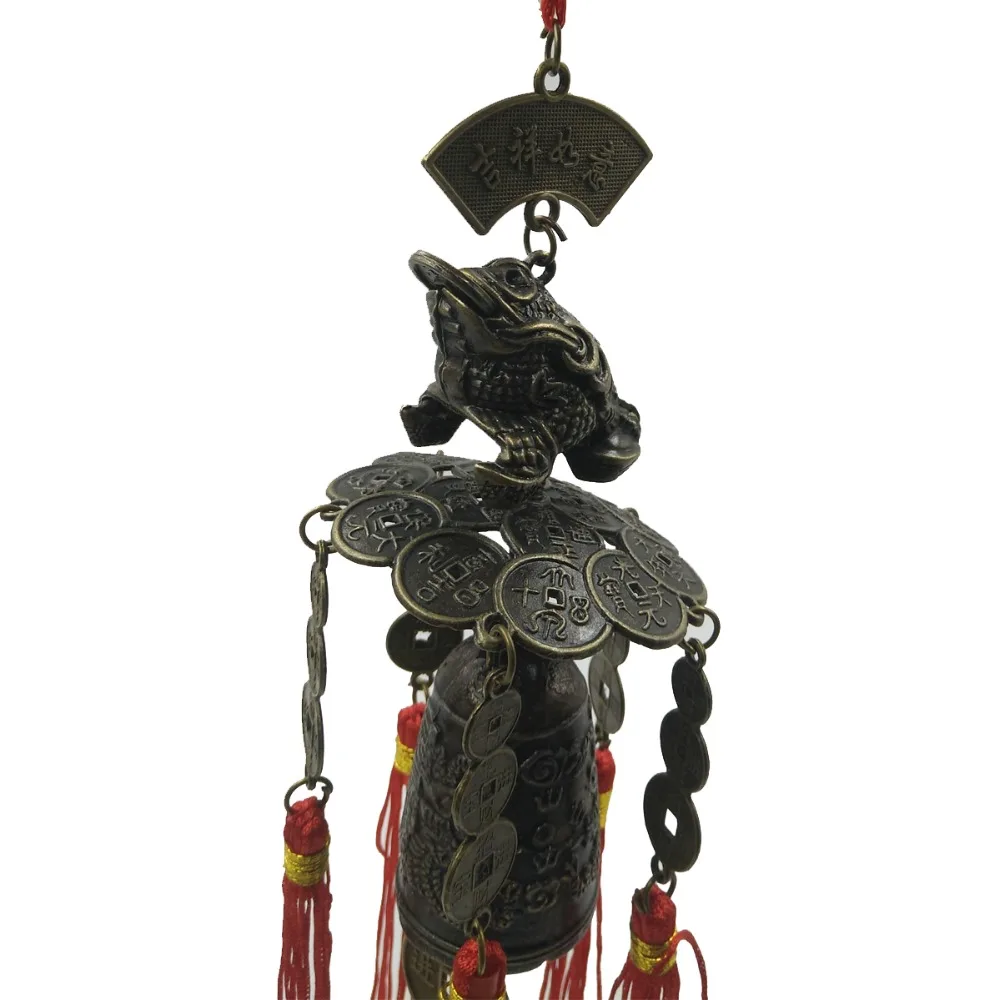 

ANGRLY 33cm Tassel Feng Shui Pendant Gold Toad Pendant Coins Lucky Treasure Metal Toad Frog Bell Bells Craft Home Decoration
