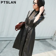 Ptslan 2017 Autumn Winter Fashion Women Real Leather Jacket Long Leather Coat Female Outwear