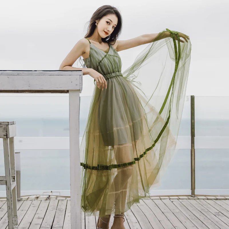 

JSXDHK 2019 Summer Green Mesh Holiday Maxi Women Dress Spaghetti Strap Backless Bow Tull Long Dress Sexy V Neck Boho Dress
