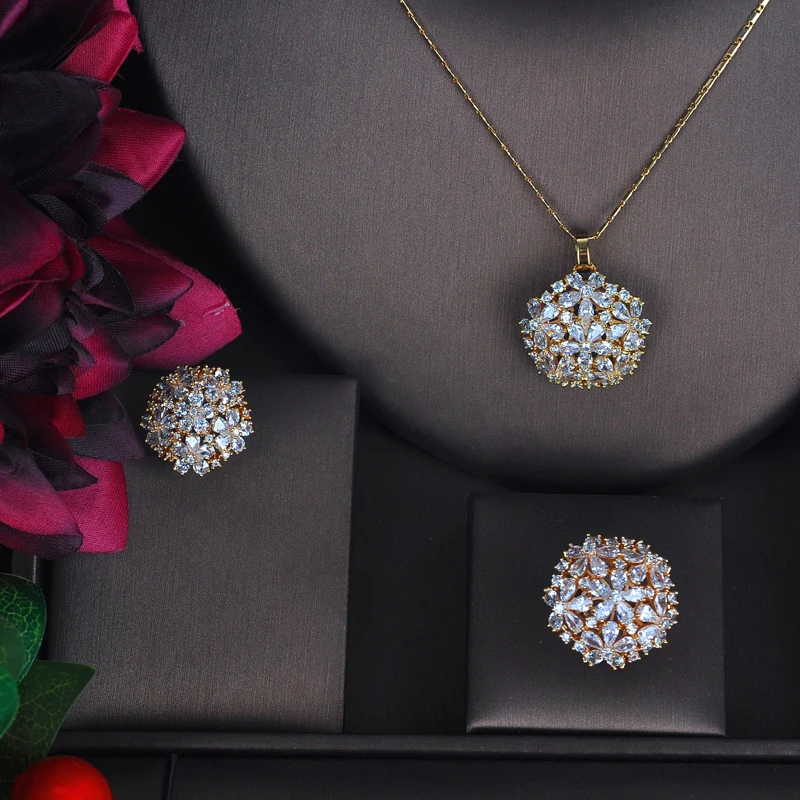 HIBRIDE Elegant Shinny High Quality Cubic Zirconia Jewelry Set For Women Gold Color Ring/Earring/Necklace Jewelry Set Gift N-511 - Image 2