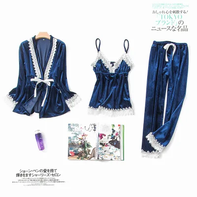 

Luxury Women Velvet Pajama Set Sexy Fall Winter Cami Top+Long Pants+Robe 3PCS Pijamas Floral Trim Sleepwear Soft Nighty Homewear