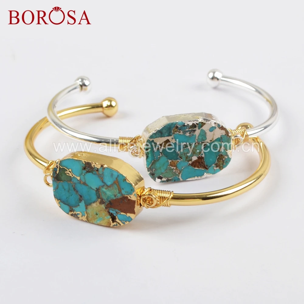 

BOROSA Wire Wrap Natural Copper Turquoises Gold Silver Color Bangle Fashion Natural Stone Drusy Bangle Jewelry 1660
