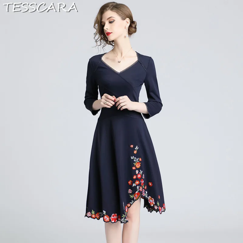 

TESSCARA Women Autumn Elegant Embroidery Dress Festa Female Floral Designer Office Party Vestidos Vintage A-Line Robe Femme