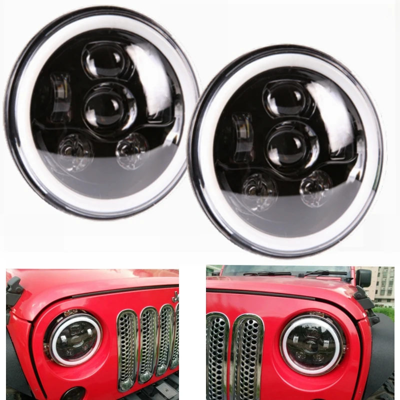

7" LED Headlight with Halo Angel Eye Ring 6000K Hi/lo Beam and DRL lamp for Jeep Wrangler JK - TJ Harley Davidson with H4 Plug