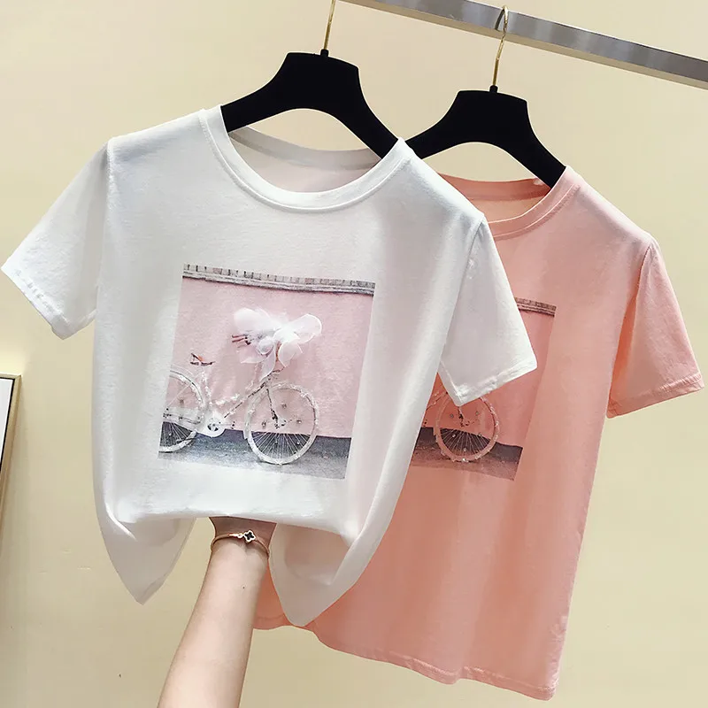 Billige Korea Neue 2019 Frühling Sommer t shirt Casual Fahrrad Print Für Frauen Kurzarm T shirts Weibliche Mode Lustige Frauen Weichem T shirt