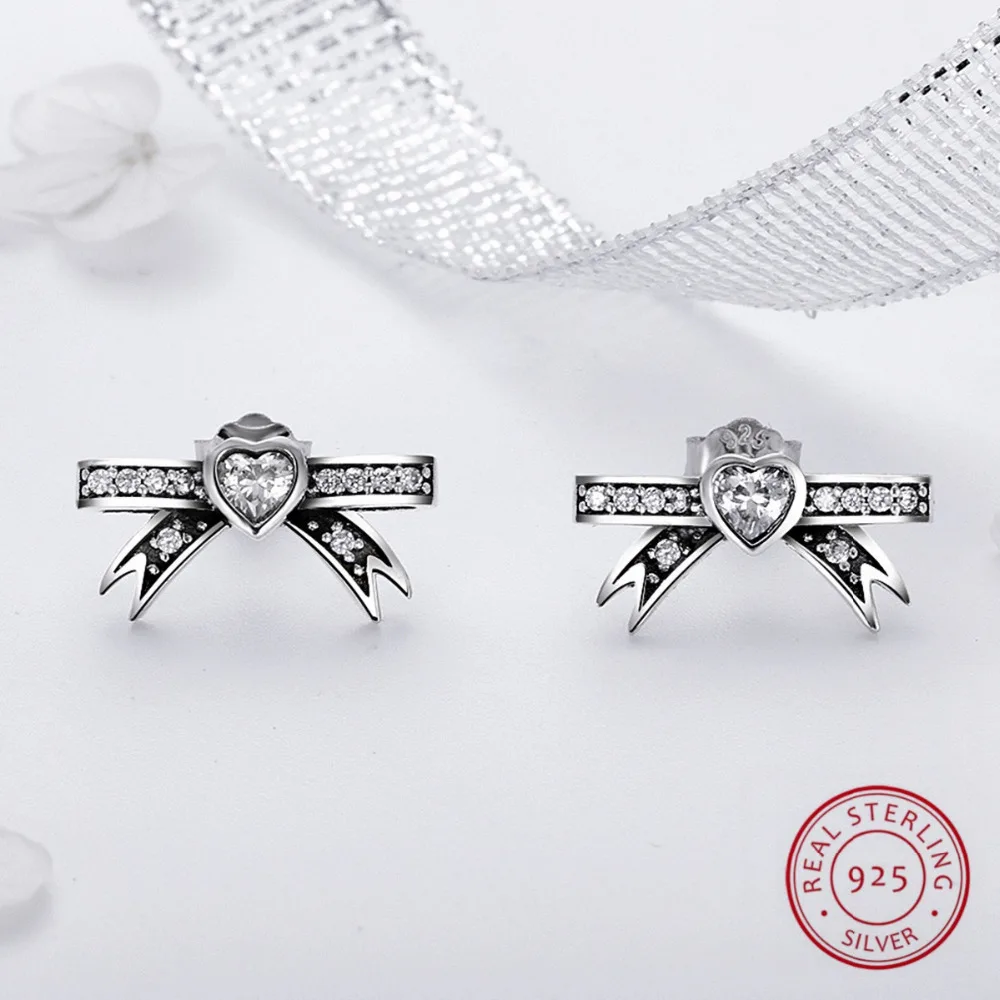 

New Arrival Cute Bowknot Stud Earrings for Women Girls Hot Sale Jewelry Gifts 925 Sterling Silver Paved Heart Zircon Earrings