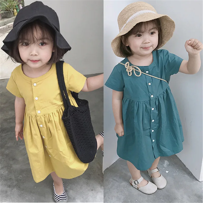

Summer Princess Dresses for Girls Baby Children Short Sleeved Dress Infant Girl Pure Color Dress Single Breasted Fashion Clothes