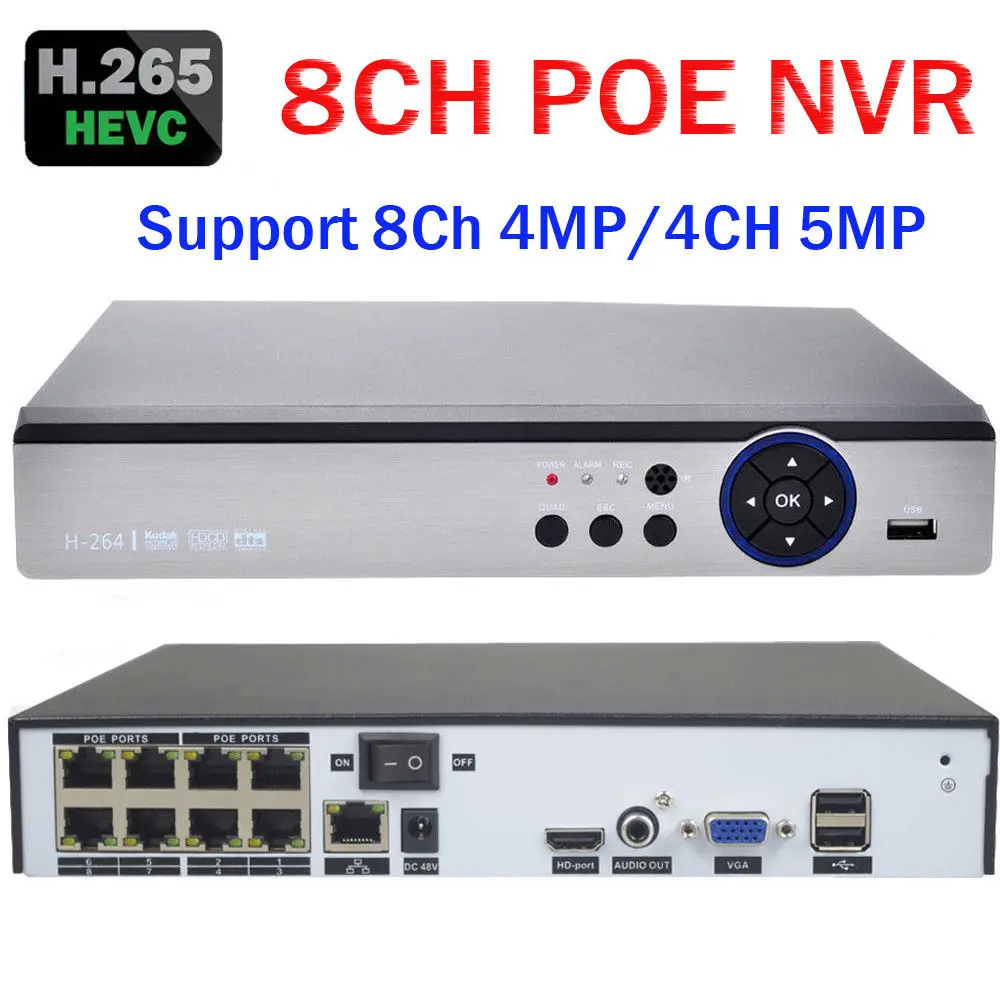 

8CH 48V POE H.265/4 CCTV IP Camera ONVIF Support 4*5MP/ 8*4MP NVR XMEYE Audio