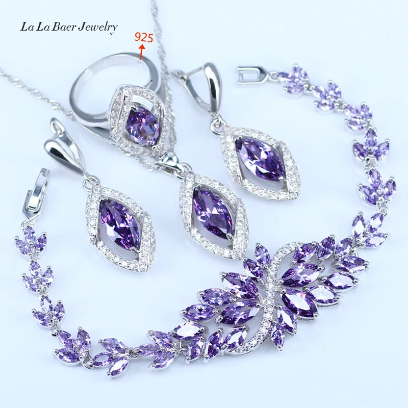 

L&B Best Birthday Gift CZ Elegant Design Austria Crystal Stone Purple 4 Piece 925 Sterling Silver Jewelry Sets For Women