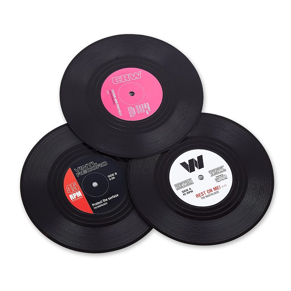 Retro Record Disc Design Drink Vinyl Coasters Non-slip Cup Bottle Mats 6PCS