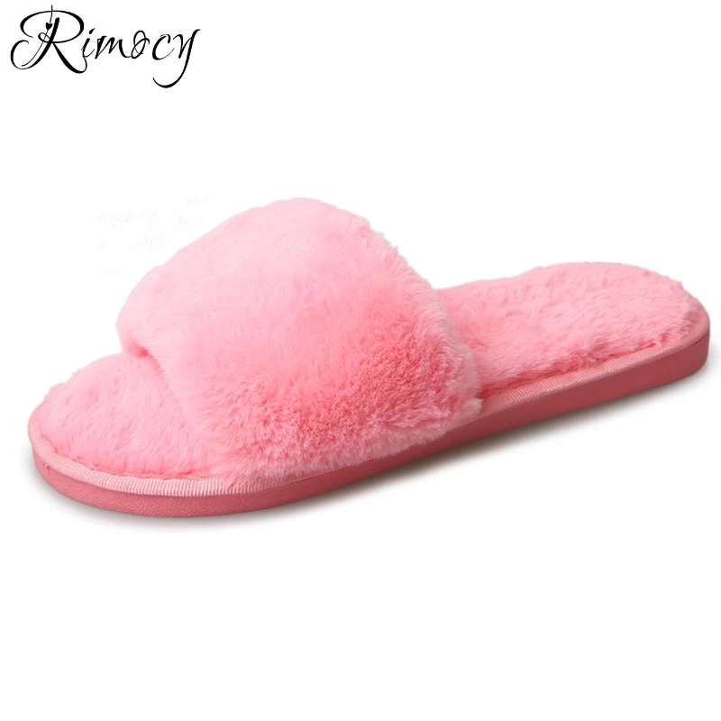 

Rimocy women soft fur home wear fuzzy slippers comfortable ladies warm plush flat heels slides fashion indoor flip flops woman