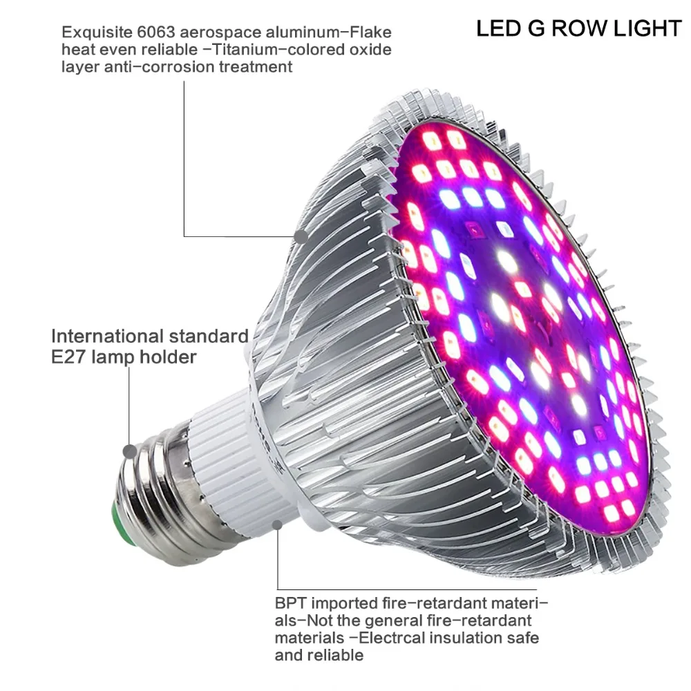 E27 полный спектр привело светать 50 Вт красные, синие УФ ИК светодиодные лампы растущий для растений овощи гидропоники Системы палатка AC 85-265