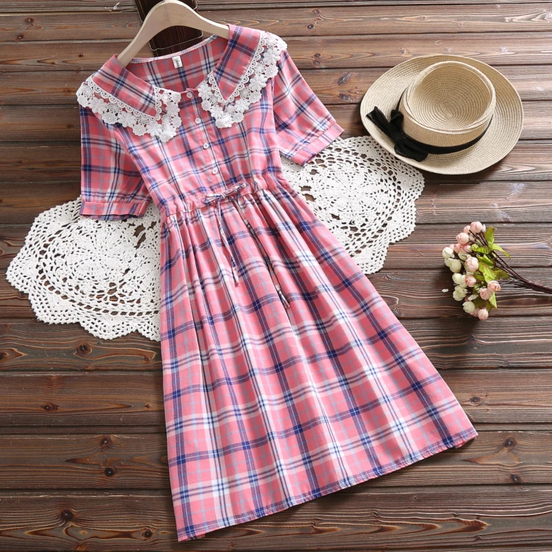 

Pink,Blue,Yellow Summer Dress 2019 Women Peter Pan Collar Short Sleeve Plaid Cotton Dresses Mori Girl Vintage Vestidos S-XXL