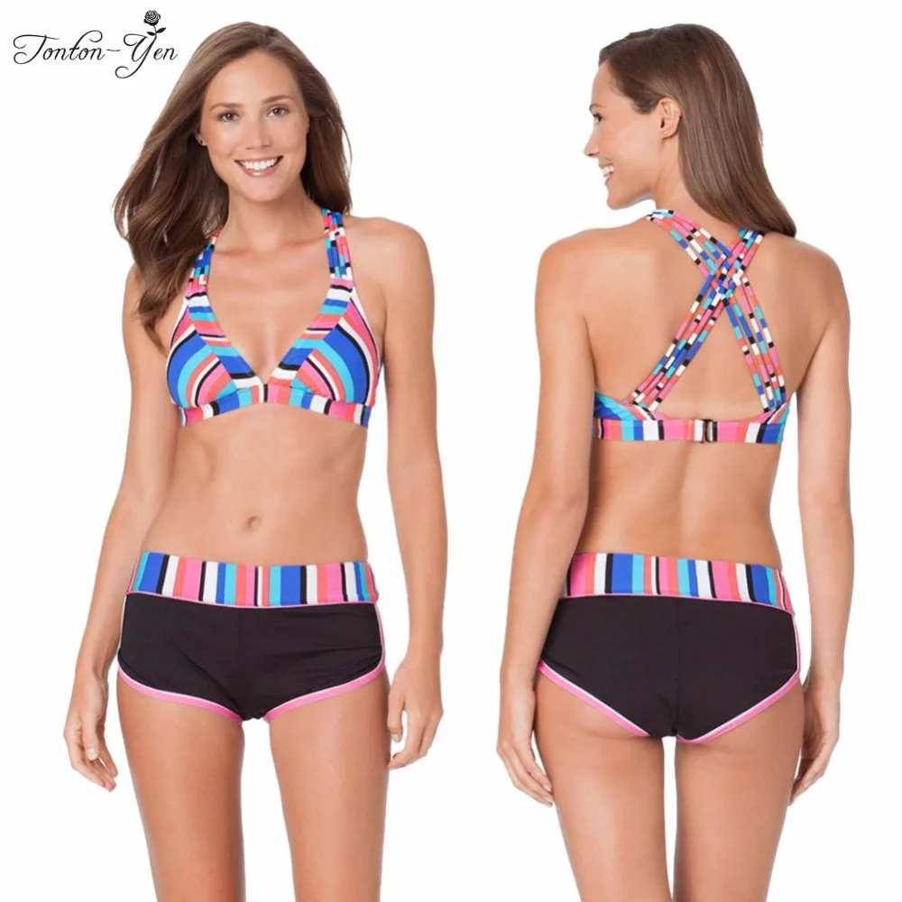 2017 new sexy bikinis costume da bagno donna stampa shorts costumi da bagno nuotare halter push
