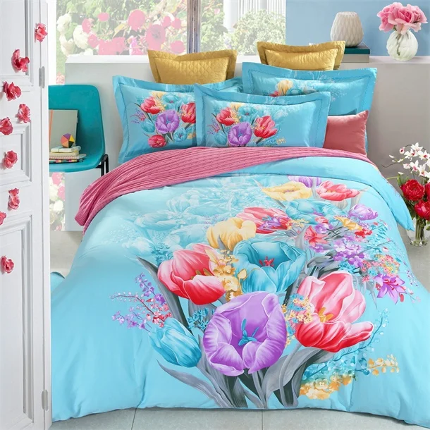 Pink Peony Daisy Tulip Flowers Print Blue Bedding Set 4pcs Queen King