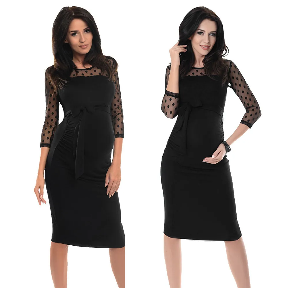 

Women Maternity Ruched Bodycon Pregnancy Dress With Polka Dot Lace Robe Femme Enceinte summer dress Vestido Embarazada