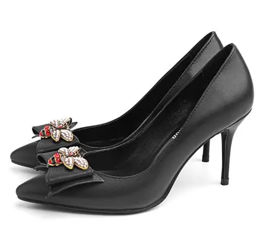 

Black multipurpose pointed toe high heel shoes Women shallow little bee decorated thin heel pumps for ladies Female high heels