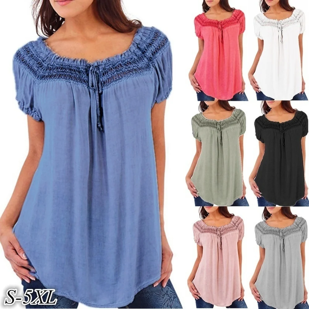 

ZOGAA 2019 New Women's Fashion Blouses Plus Size Loose V-neck Lace Patchwork Short Sleeve Blouse Tops Tees 6 Colors Lady Shirts