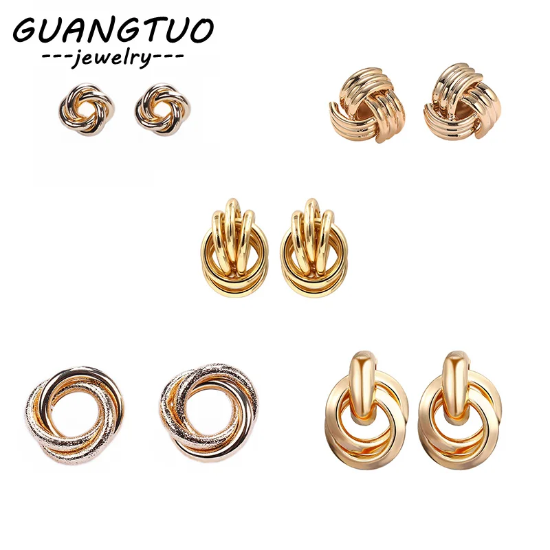 

5 Designs Trendy Geometric Round Circles Metal Stud Earrings For Women Simple Gold & Silver Color Ear Stud Brincos Jewelry Gift