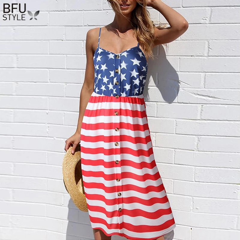 

Plus Size S-3XL US Flag Print Maxi Dress Sexy Women Button Boho Spaghetti Long Dress Off-shoulder Party Beach Sundress