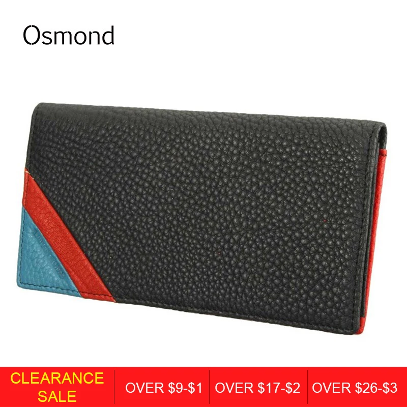 

Osmond Genuine Leather Men Wallet Long Purse Patchwork Design Retro Style Mens Coin Purses ID Card Holders Stripe Hit Color