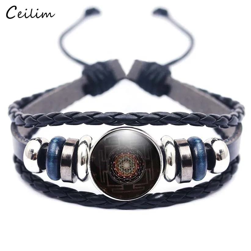 

Newest Buddhist Sri Yantra Bracelet Men Women Handmade Multilayer Braided Leather Bracelets Sacred Geometry Cabochon Jewelry