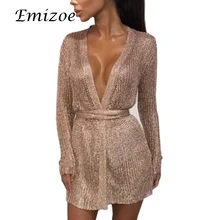 Emizoe Sexy Party Club V шеи лук трикотажное платье женщины очень короткие мини-платье с длинным рукавом Bodycon кардиган платье