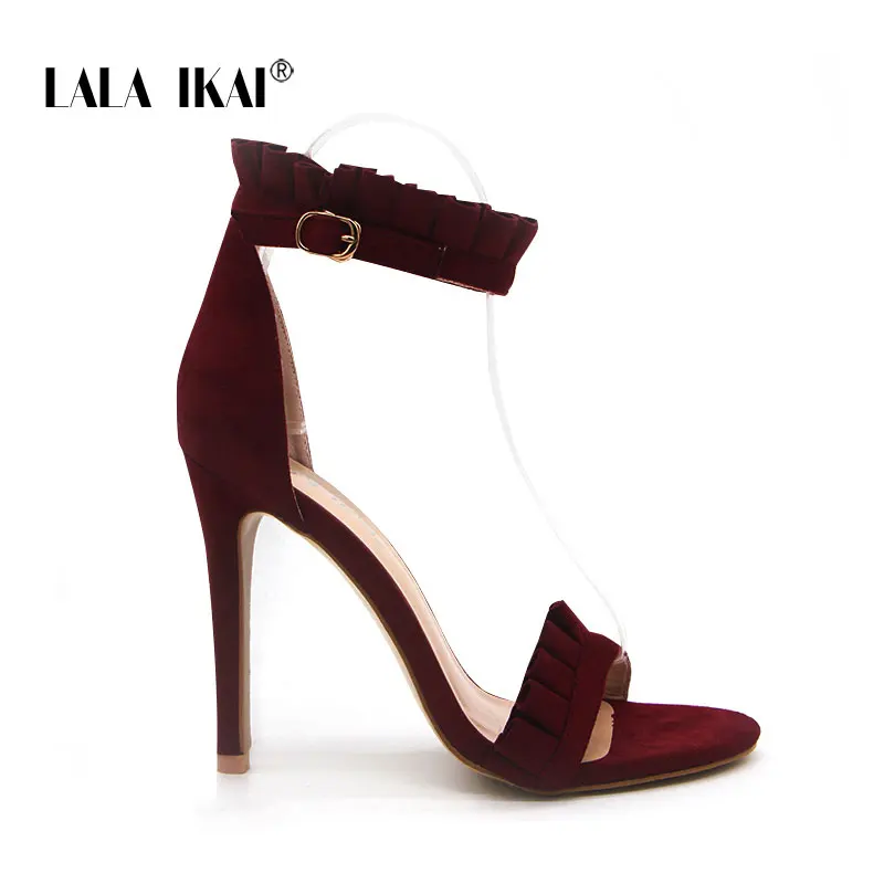 LALA IKAI/босоножки на высоком каблуке с пряжкой и ремешком; женские босоножки с оборками; сезон лето; модная обувь на тонком каблуке; chaussure femme Talon; 014C1023-5 - Цвет: Wine Red