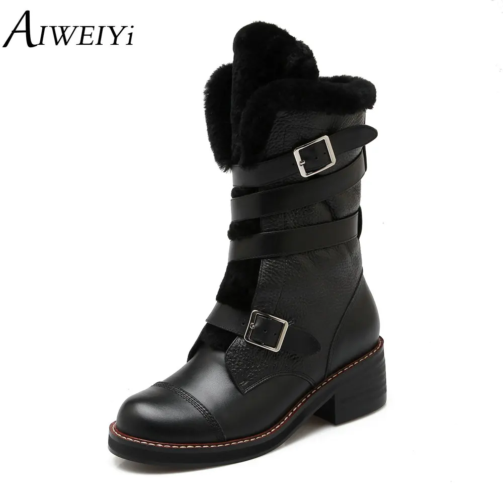 

AIWEIYi Women Thick Fur Mid Calf Boots Women Round Toe Thick Platform Winter Shoes Belt Buckles Warm Snow Botas Size 34-41
