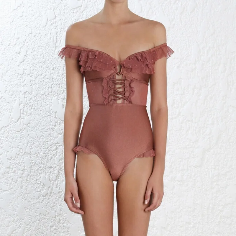 

Bikini 2019 High Waist Swimsuit Colaless Woman Korean Trikini Women One-Piece Swimsuits Piece Lace Leaf Edge Hollow Mesh Popular