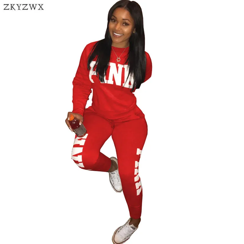 Pink Letters Print 2 Piece Set Women Plus Size Top And Pants Casual Outfit Sweat