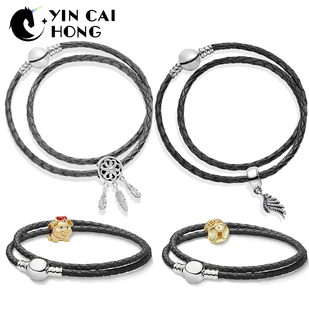 

YCH 100% 925 Sterling Silver 1:1 SHINE PIGGY Good Fortune Coin SPIRITUAL DREAMCATCHER Beads DOUBLE WOVEN LEATHER BRACELET Set