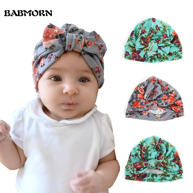 New Floral Print Baby Girl Hat with Bow Cotton Bohemia Turban Toddler