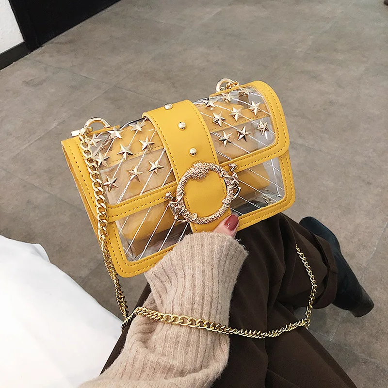 

Clear Female Handbag Designer Rivet Bag Fashion Small Summer Women Shoulder Bag Transparent Jelly Bag Chain Square Messenger Bag