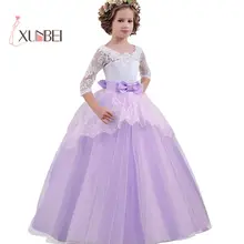 Красивый светильник; голубое кружевное платье с цветочным узором для девочек с длинными рукавами; коллекция года; пышные платья с аппликацией для девочек; платье принцессы для первого причастия