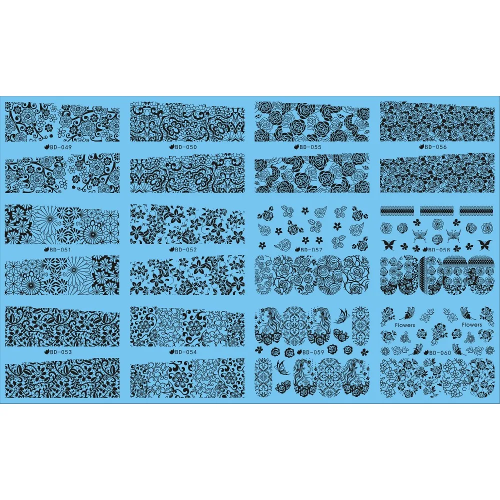 

UPRETTEGO 12 PACKS / LOT NAIL ART WATER DECAL SLIDER STICKER BLACK FLOWER DAISY VINE GRASS BUTTERFLY BD049-060