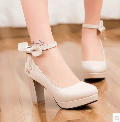 

Korean version of the round high-heeled shoes shallow mouth waterproof with thick shoes with the spring new sweet bow single sho