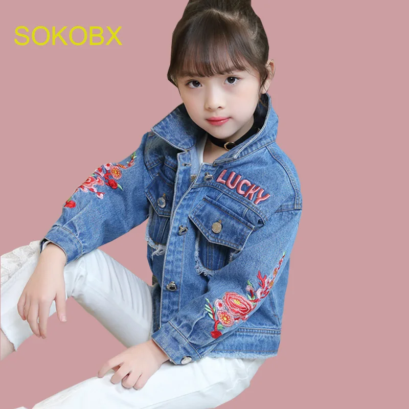 

Long Sleeves Girls Denim Jackets Coats Floral Embroidery Denim Jacket Spring Fall Children Outwear Kids Denim Coat 6 8 10 12 14