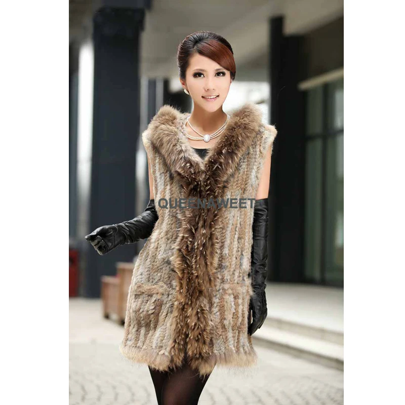 

100% Real Knitted Rabbit Fur Long Vest Gilet with Raccoon Fur Collar Hooded Waistcoat