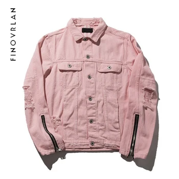 

2018 High Street Style Jacket Zipper Sleeve Destroyed Denim Jacket Men Turn-down Collar Hip Hop Jackets Pink Jackets Denim coat