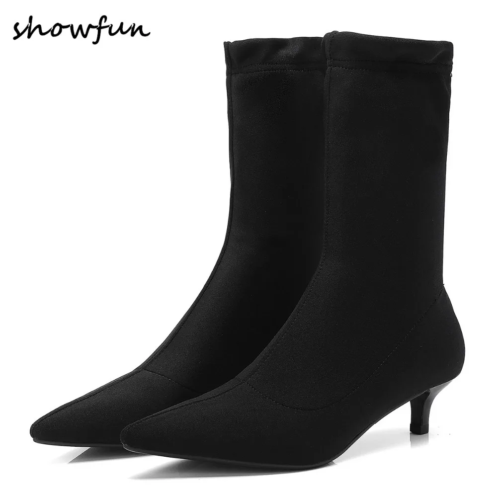 Women&#39;s autumn stretch fabric slip on low heel short ankle boots brand designer elegant ladies ...