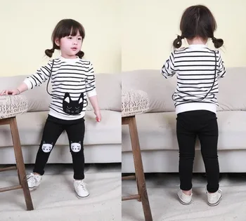 

2016 New Autumn Korean Striped Cat Small Girls Suit New Fashion Leisure Clothing Factory Outlets