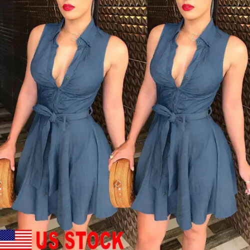 

Sexy Women's Summer Bodycon Denim V Neck Sleeveless Short Dress Party Evening Mini Dresses Elegant