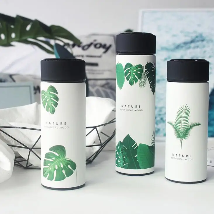 

TECHOME Fashion Korean Style Fresh Green Leaves Straight Body Mug Cute Large Capacity 304 Stainless Steel Water Cup Bottle