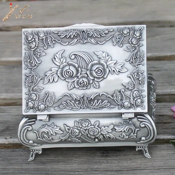 

Pewter plated metal jewelry box delicate flower pattern craft home decoration trinket box