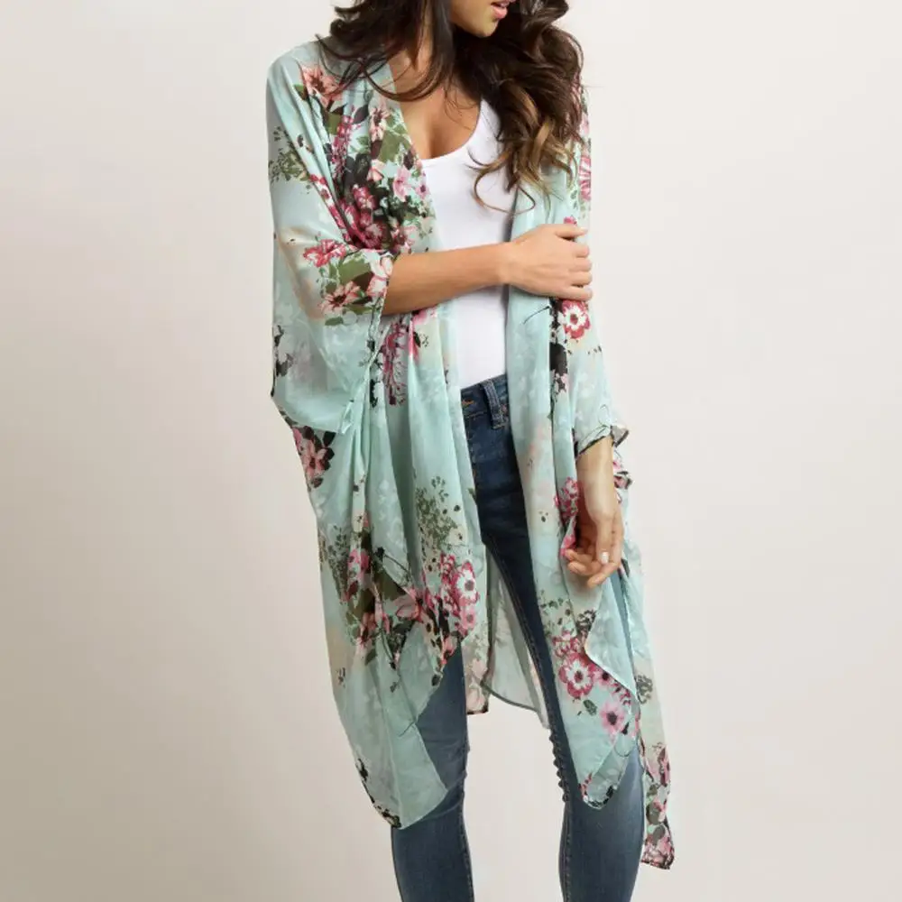 

Cardigan Women Long Sleeve Floral Print Chiffon Loose Shawl Tops Cover up Blouse Long Beach Cover Up Tops Casual Outwear #0702