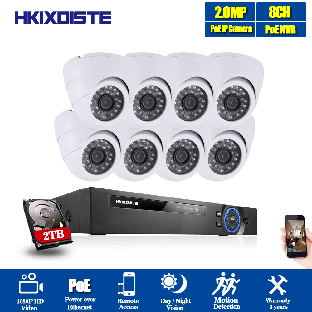 HKIXDISTE 8CH NVR 1080P IP сеть POE видео запись ИК Крытый Открытый камера видеонаблюдения