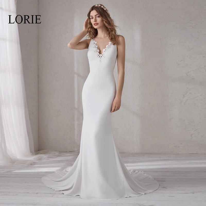 

LORIE V-Neck Mermaid Wedding Dress Soft Satin with Appliques Bridal Dresses Sleeveless Wedding Gowns Plus size vestido de noiva