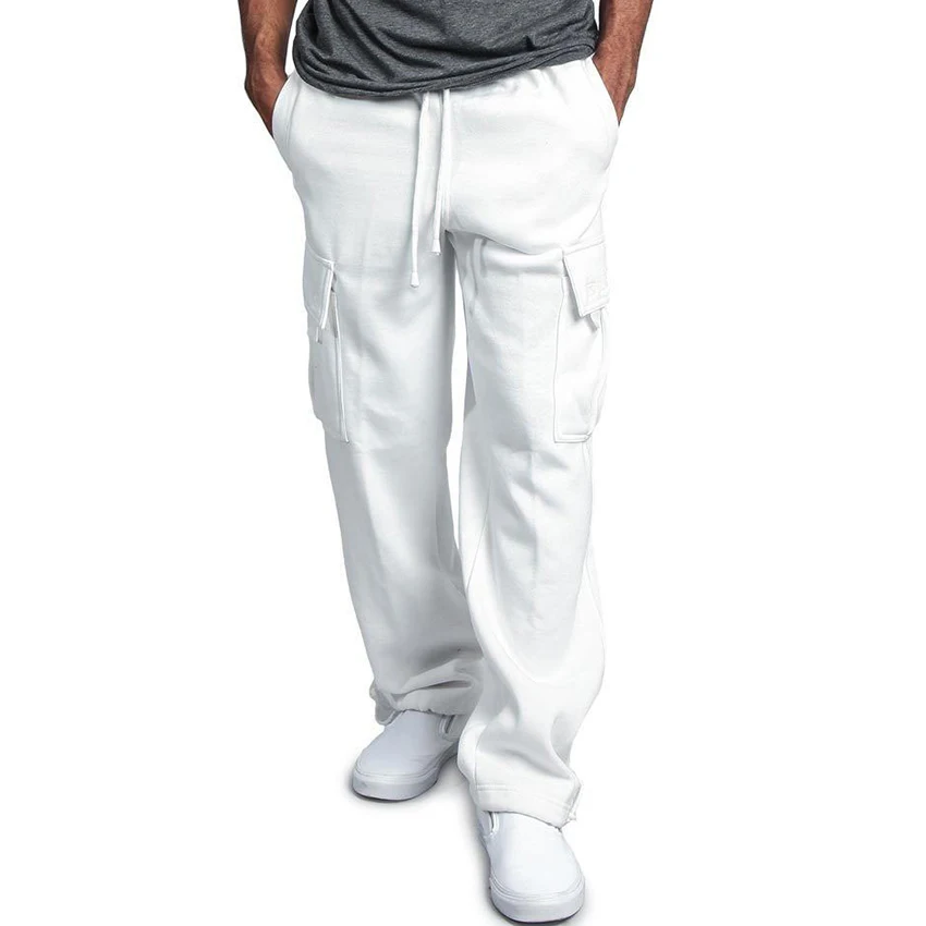 Новые однотонные мужские брюки с боковыми карманами для отдыха мужские брюки свободные прямые мужские хип-хоп леггинсы для танцев мужская одежда - Цвет: White