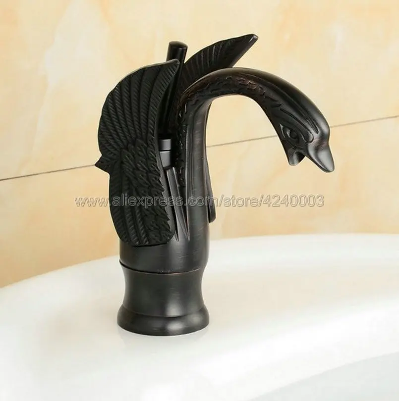 Oil Rubbed Bronze Swan Shape Black  Brass Basin Sink Faucet Bathroom Single Hole Centerset Basin Mixer Tap Swan Faucet Knf030
